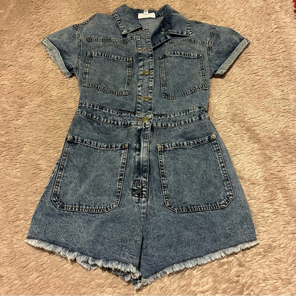 & Merci Denim Short Sleeve Romper with pockets XS